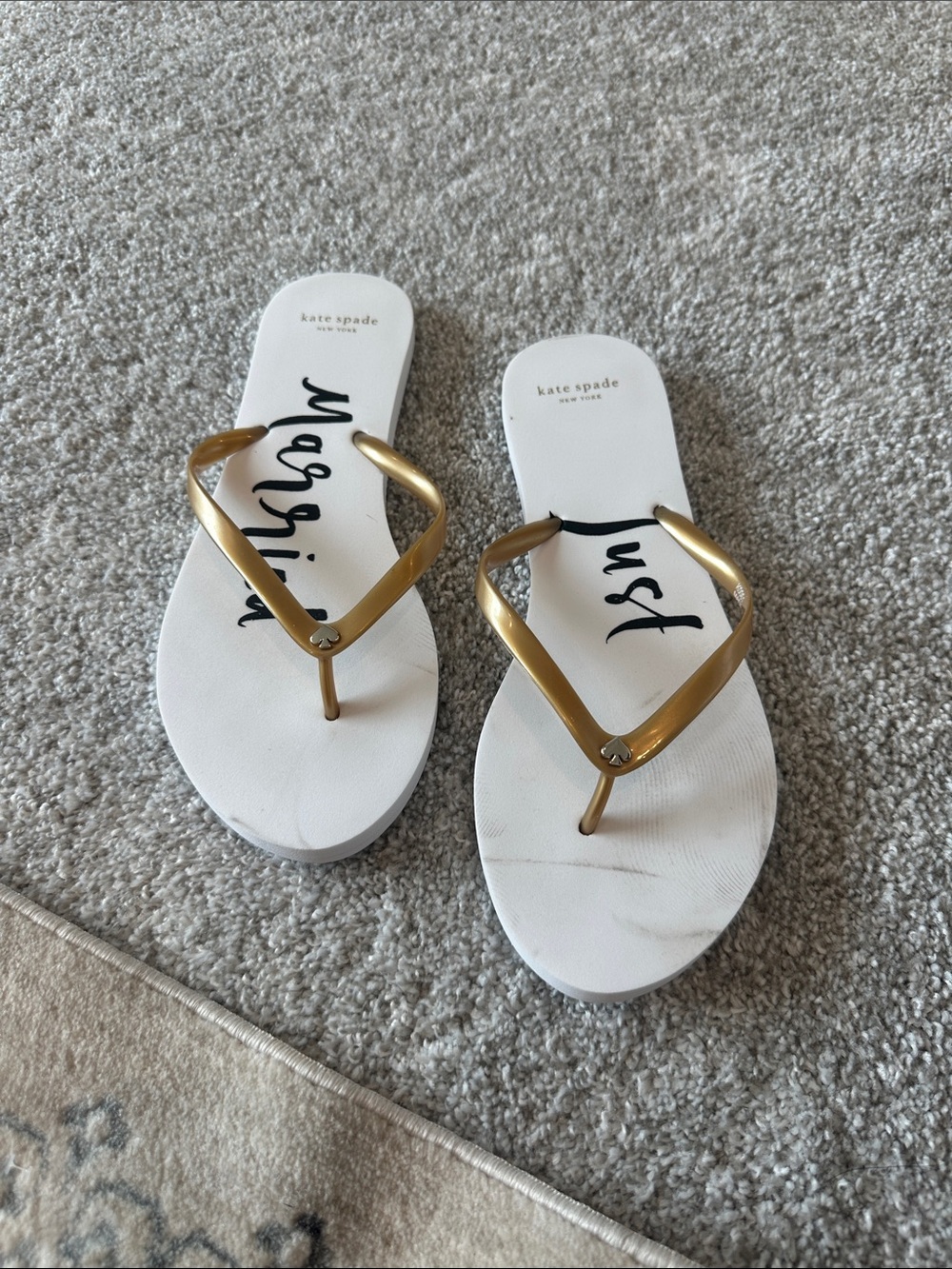 kate spade Just Married Gold Strap White Flip Flop Sandals